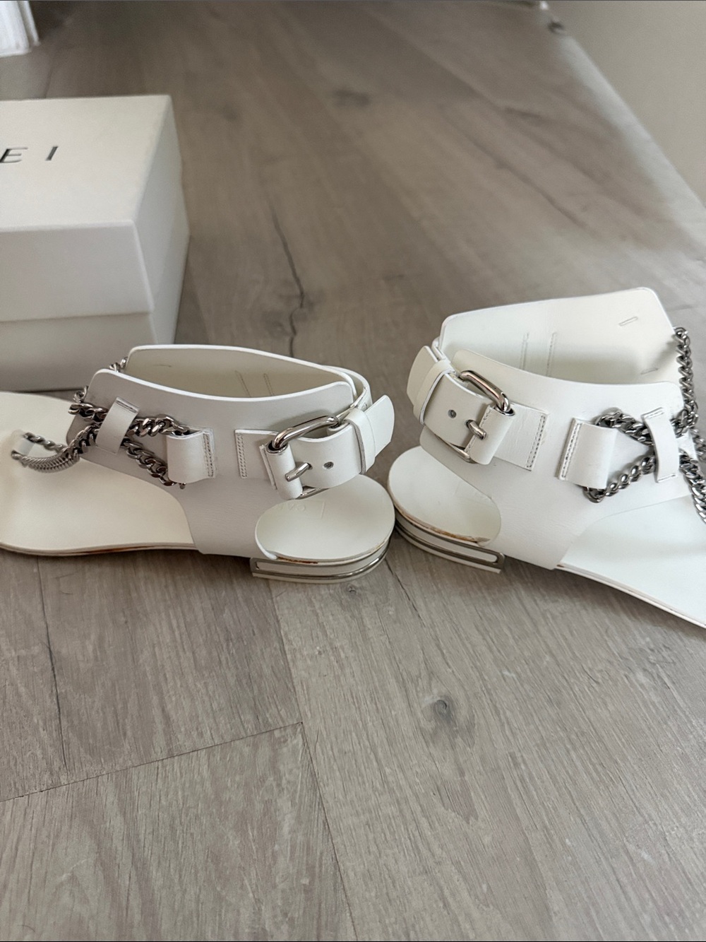 White Chain-Accent Casadei Women's T-Strap Sandals - Picture 12 of 17